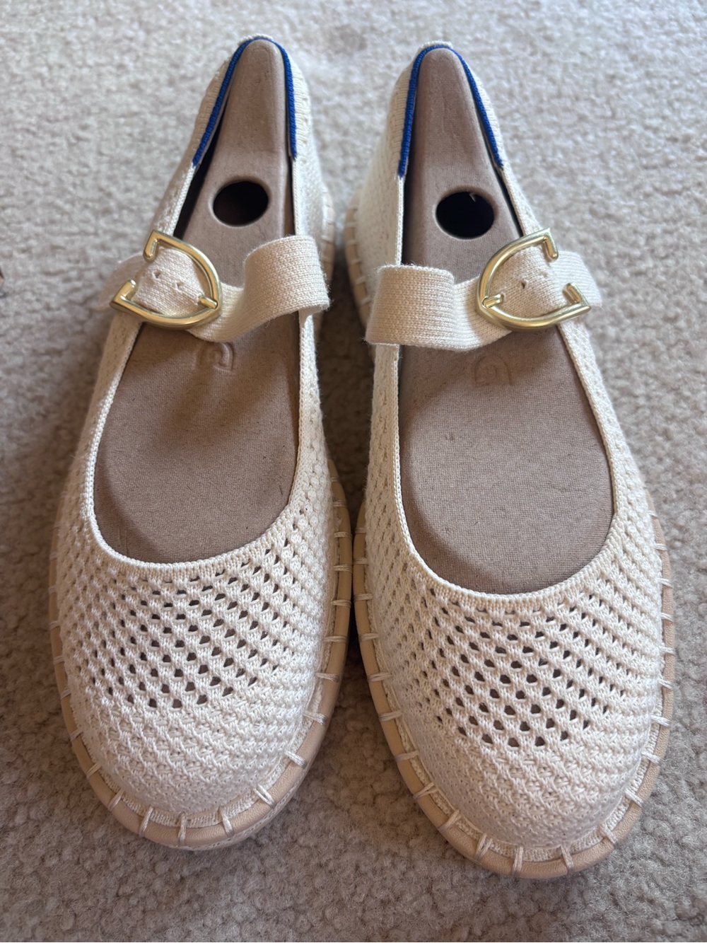Rothy's Cream Knit Mary Jane Flats with Gold Buckles